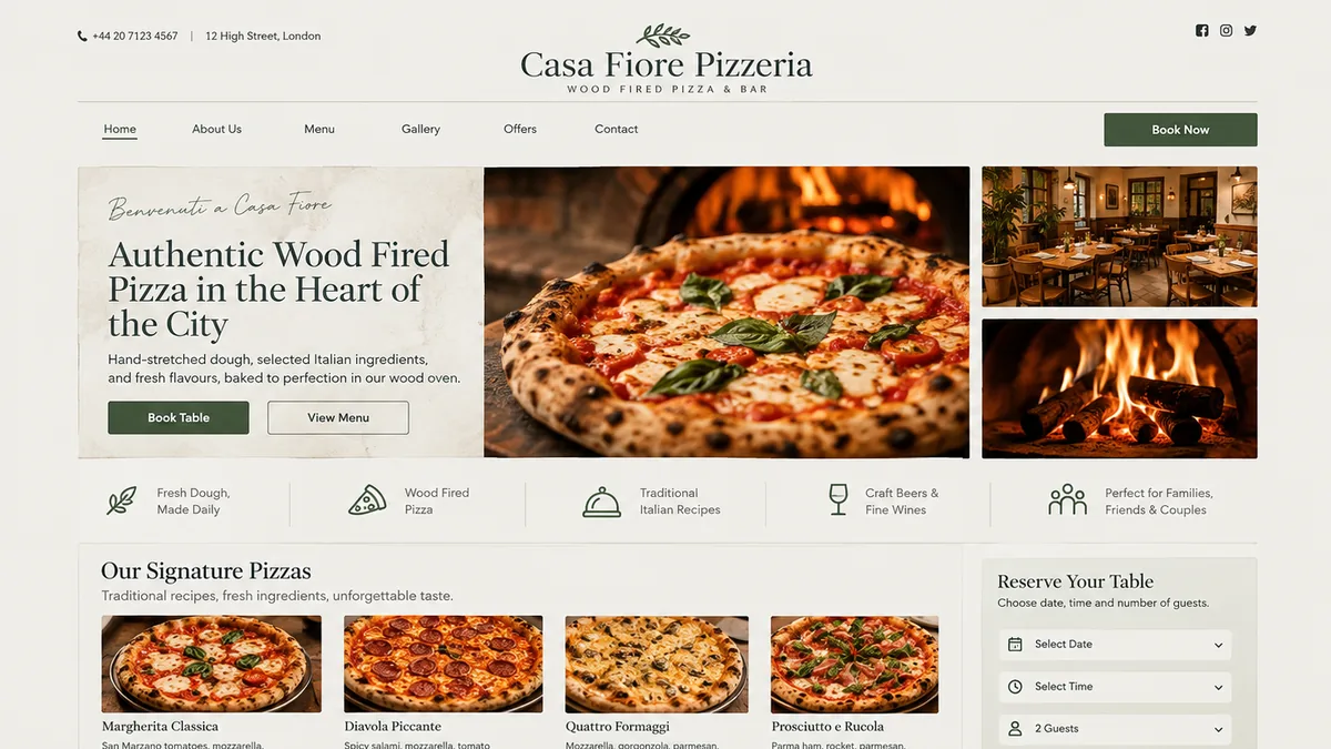 Casa Fiore Pizzeria after the TechQilo redesign: modern layout with online menu and table booking | TechQilo