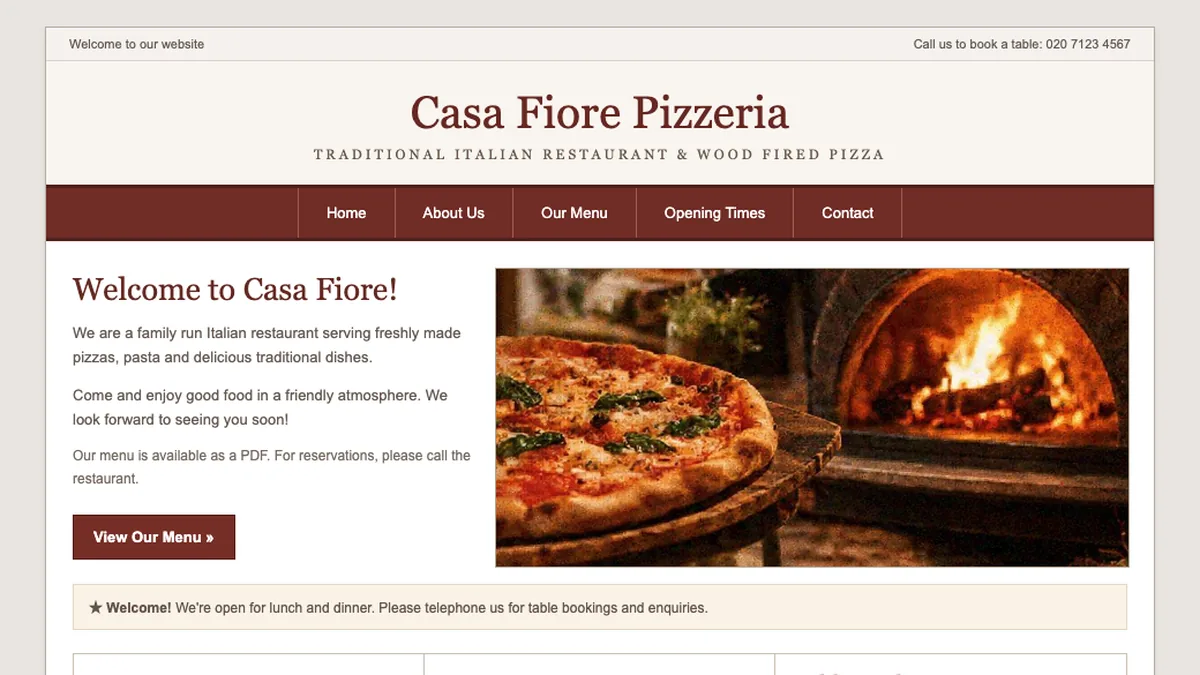 Casa Fiore Pizzeria old website before the redesign: dated layout, menu as a PDF and bookings by phone only | TechQilo