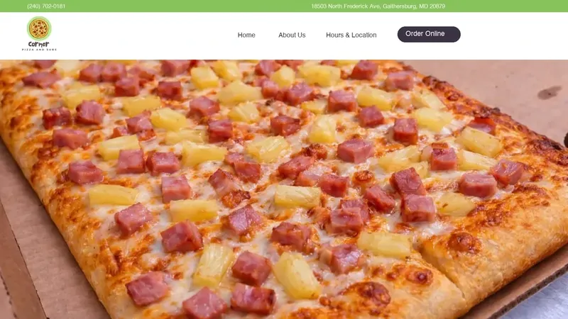 Corner Pizza and Subs home page with an Order Online button, a live client website built by TechQilo | TechQilo