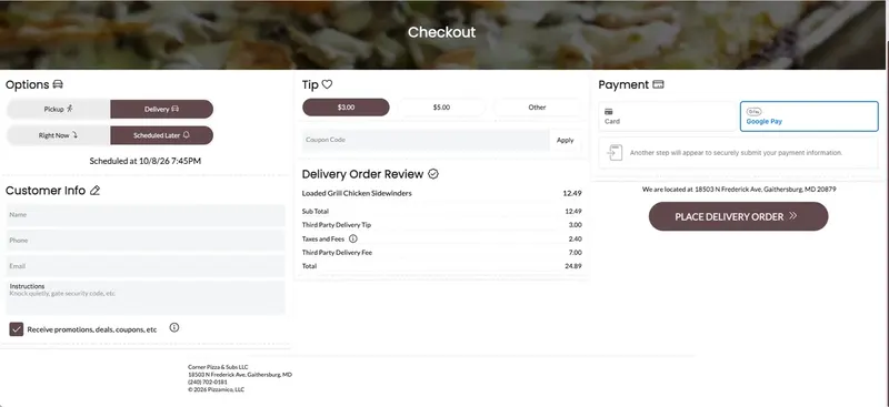 Corner Pizza checkout with scheduled delivery, a live client website built by TechQilo | TechQilo