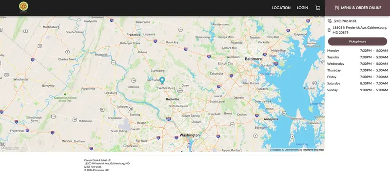 Corner Pizza location map in Gaithersburg with pickup hours, a live client website built by TechQilo | TechQilo