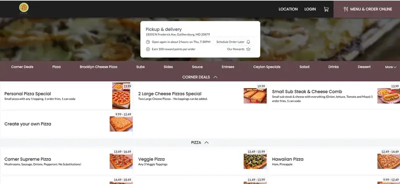 Corner Pizza online menu with deals, pizzas and prices, a live client website built by TechQilo | TechQilo