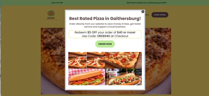 Corner Pizza welcome offer: $5 off orders of $40 or more with code ORDER40, a live client website built by TechQilo | TechQilo