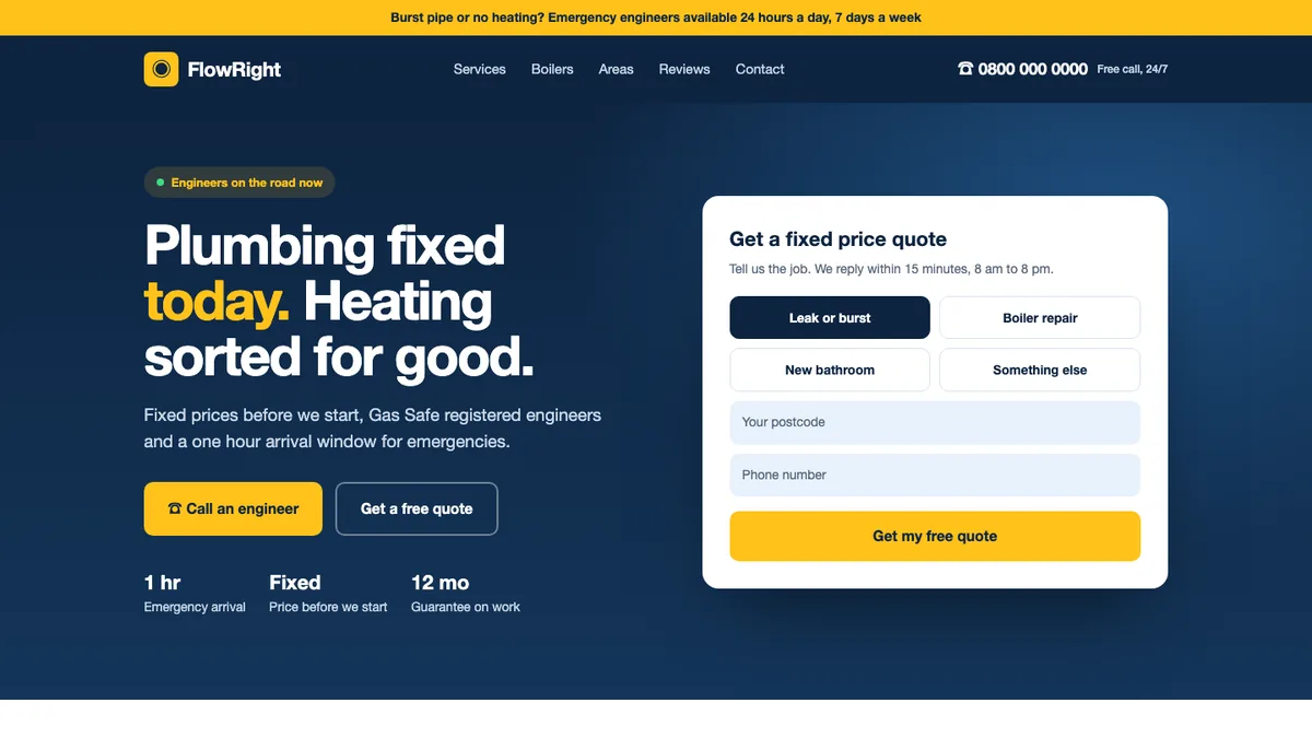 FlowRight Plumbing & Heating website, a TechQilo demo concept | TechQilo