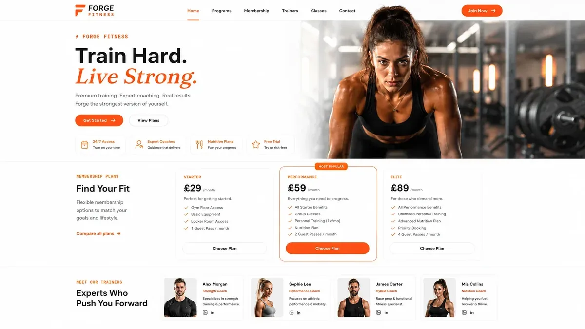 Forge Fitness gym website, a demo build showing membership tiers and online joining
