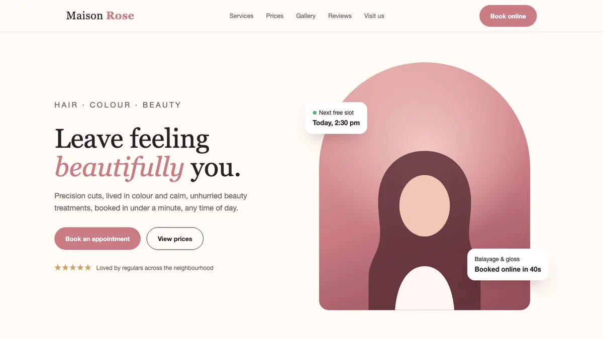 Maison Rose Hair & Beauty website, a TechQilo demo concept | TechQilo
