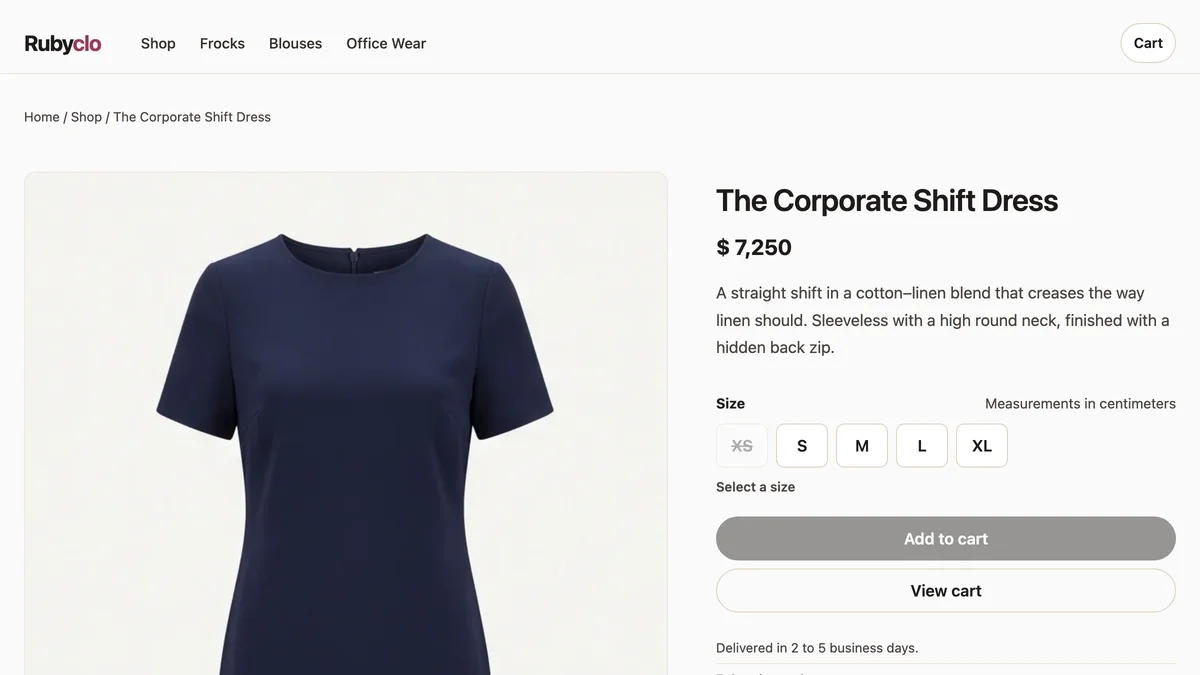 Rubyclo product page with sizes, live stock and add to cart | TechQilo