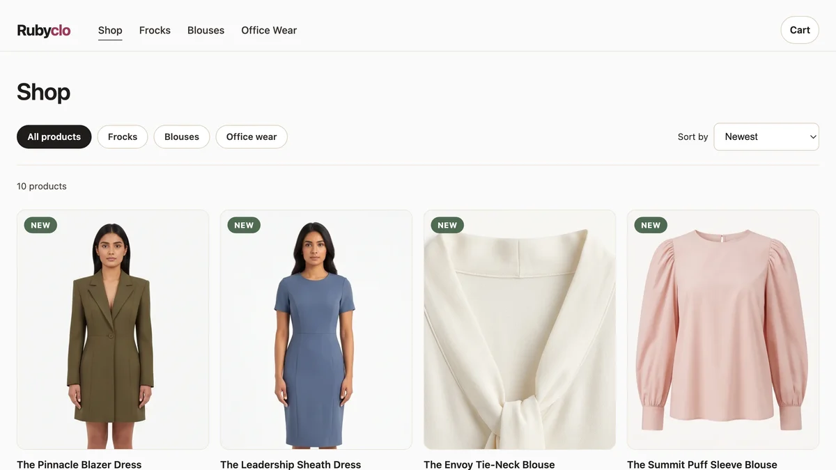 Rubyclo shop page with collection filters and sorting | TechQilo